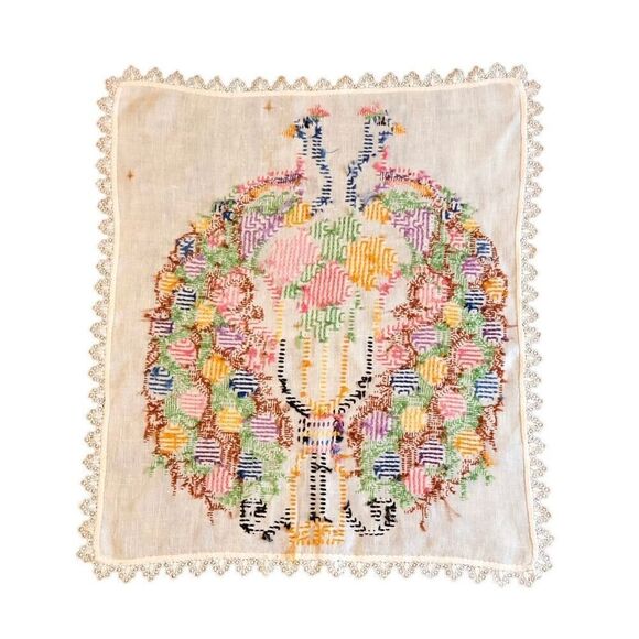 Vintage Peacock Embroidered Tapestry Art Cloth Panel - Picture 11 of 16